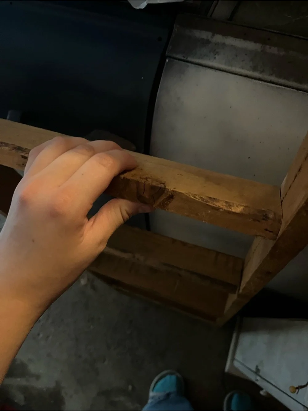 Handcrafted Wooden Wall Ladder Shelf in Natural Brown. A little wobbly